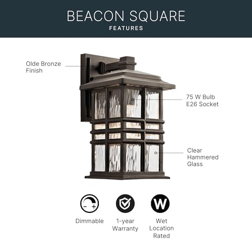 Kichler Beacon Square 1-Light Outdoor Wall Light in Olde Bronze, Clear Hammered Glass Shade, (6.5" W x 12" H x 7.5" D), 49829OZ