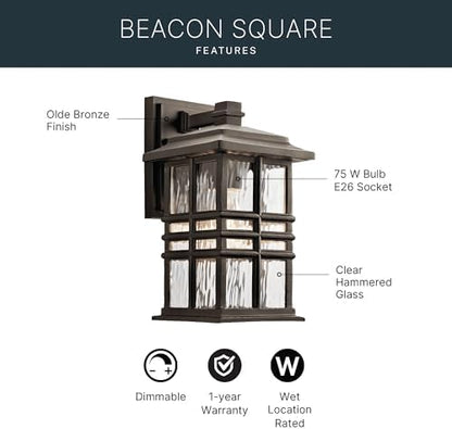 Kichler Beacon Square 1-Light Outdoor Wall Light in Olde Bronze, Clear Hammered Glass Shade, (6.5" W x 12" H x 7.5" D), 49829OZ