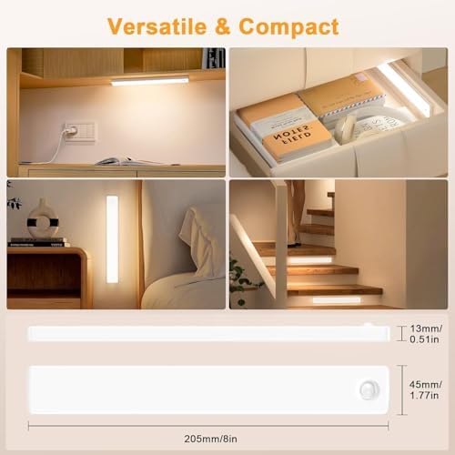 6 Pack Under Cabinet Lighting, USB Rechargeable Motion Sensor Light Indoor, Battery Operated Closet Light, LED Cabinet Lights, Stick On Dimmable Under Counter Lights for Kitchen