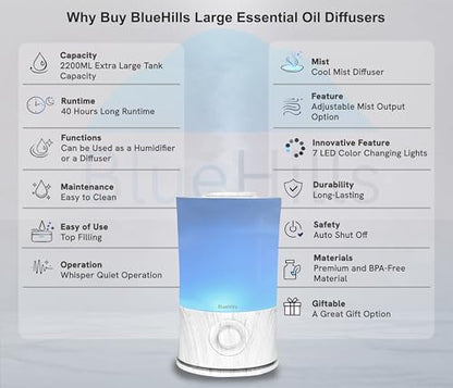 BlueHills Premium 2000 ML XL Essential Oil Diffuser Large White Wood Grain