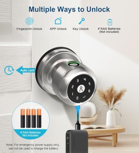 Smart Door Knob with Lock,Keyless Entry Fingerprint Door Lock,Bright Silver
