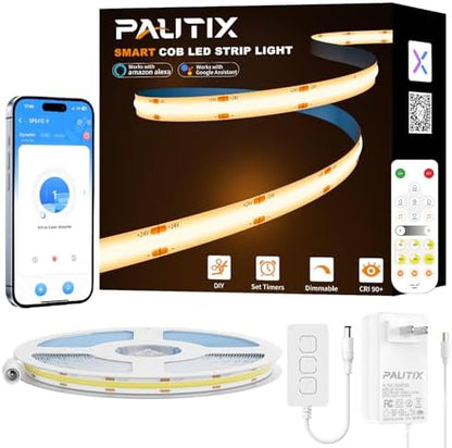 PAUTIX Smart COB LED Strip Light 32.8ft/10m,Warm White 2700K LED Strip,Compatible with Alexa/Google Assistant,Dimmable 24V LED COB Light Strip Kit for Kitchen,Bedroom,Cabinet,Living Room,Office