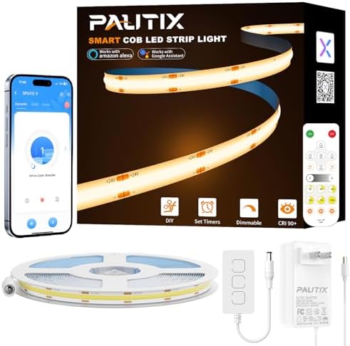 PAUTIX Smart COB LED Strip Light 32.8ft/10m,Warm White 2700K LED Strip,Compatible with Alexa/Google Assistant,Dimmable 24V LED COB Light Strip Kit for Kitchen,Bedroom,Cabinet,Living Room,Office