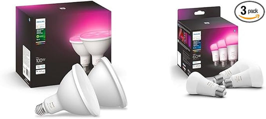 Philips Hue Smart 100W PAR38 LED Bulb - White and Color Ambiance Color-Changing Light - 2 Pack & Smart 60W A19 LED Bulb - White and Color Ambiance Color-Changing Light - 3 Pack