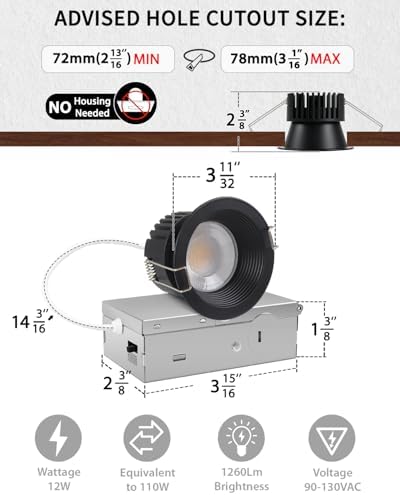 Adetu 4 Pack 3 Inch Black 5CCT Anti-Glare LED Downlight, Recessed Light