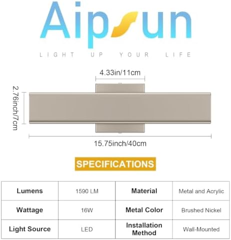 Aipsun 15.7" Nickel LED Outdoor Wall Sconce, Modern Exterior Wall Light