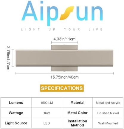 Aipsun 15.7" Nickel LED Outdoor Wall Sconce, Modern Exterior Wall Light