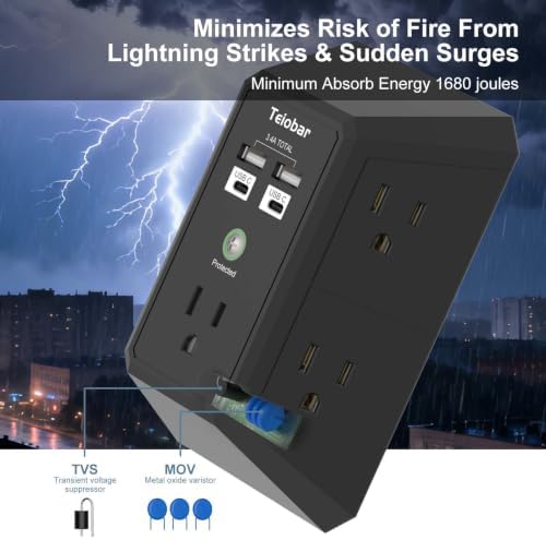 Wall Charger, Surge Protector, Teiobar 5 Outlets and 4 USB Ports(2USB-C)