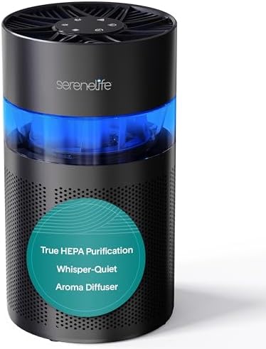 SereneLife Portable Air Purifier - Small Air Purifier with Aroma Box & Ambient Light, High Filtration Efficiency, Filter Change Reminder, 2-Speed, Timer & Sleep Mode, 6 x 6 x 12 in. (Black)