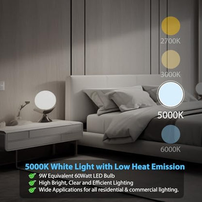 dalattin 6 Pack LED Bulbs Daylight White 5000K, 60 Watt Equivalent A19 Standard Bulbs, E26 Base, 800 LM, Efficient 9W Energy Saving, Non-Dimmable, 80+ CRI, 120V, UL Listed, for Living Room, Office