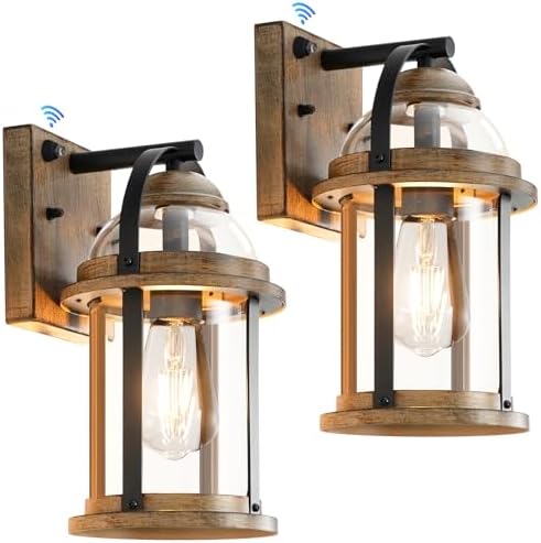 OKELI Dusk to Dawn Outdoor Wall Lights, Waterproof Lighting Fixtures Rustic Farmhouse Wall Lanterns with Clear Glass Shades Anti-Rust Outside Lights for Garage Patio Porch(Wood Grain, 2 Pack)