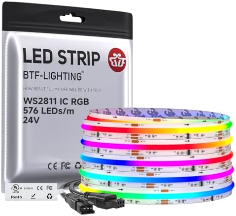 BTF-LIGHTING RGB WS2811 Smart IC FCOB COB LED Strip, UL Listed 576LEDs/m High Density Color Chasing Uniform Light, DC24V 16.4FT 10mm Width Tape Light for Home Party DIY Decor(No Adapter or Controller)