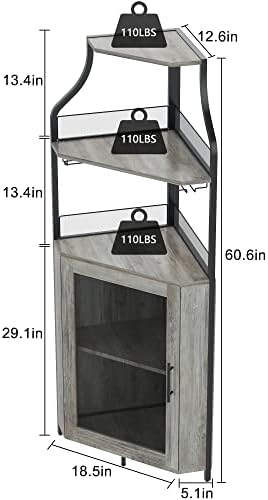 GAOMON Corner Bar Storage Cabinet, 5-Tier Farmhouse Liquor Cabinet with Glass Holder Wine Cabinet with Barn Door & Adjustable Shelf, Home Bar Storage for Home,Dining Room, Kitchen, Gray