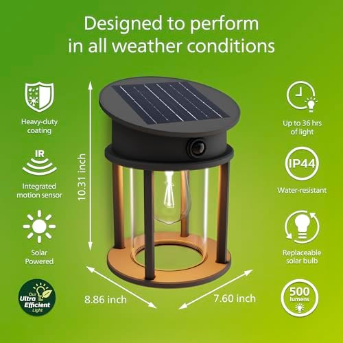 Philips Solar LED 1-Pack Geri UltraEfficient Outdoor Wall Light, Motion Sensor, 2700K, Round, Black, 500 Lumen, High Brightness, Glass, Metal