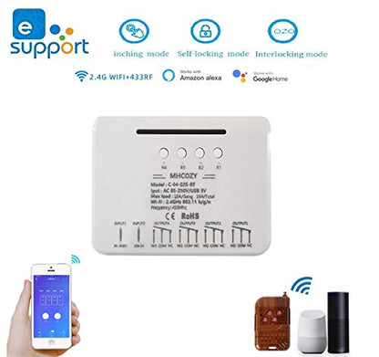4 Channels WiFi Smart Relay Switch, eWelink App DC 5V AC 85-250V Passive Output Dry Contact Relay Module,WiFi Remtoe Voice Control Gate Lights