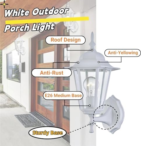 WISBEAM 2 Pack Outdoor Wall Light, White Wall Sconce for House Porch Lighting Fixture, E26 Base 60W Max, Metal Housing Plus Glass, Wet Location Rated, ETL Qualified, Bulbs not Included