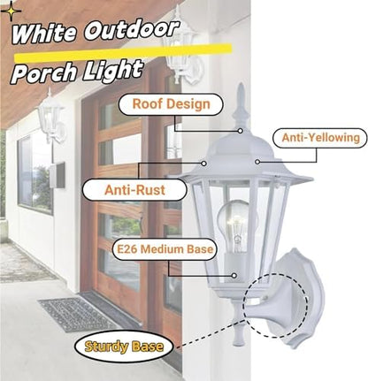 WISBEAM 2 Pack Outdoor Wall Light, White Wall Sconce for House Porch Lighting Fixture, E26 Base 60W Max, Metal Housing Plus Glass, Wet Location Rated, ETL Qualified, Bulbs not Included