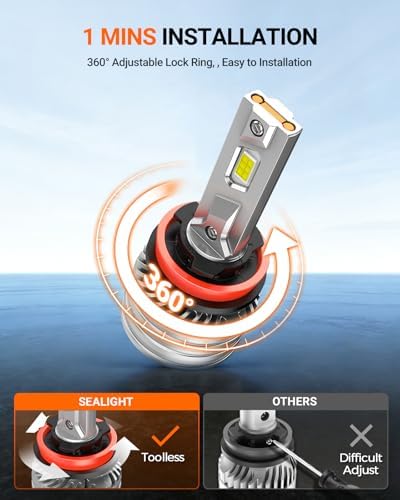 SEALIGHT 9005 H11 Bulbs, 240,000LM 17X Brightness, HB3 H8/H16/H9 6500K Cool White LED Bulbs, IP68 Waterproof 80000Hrs Lifespan, 5X Heat Dissipation driving LED Bulbs, Plug and Play, 4 Pack