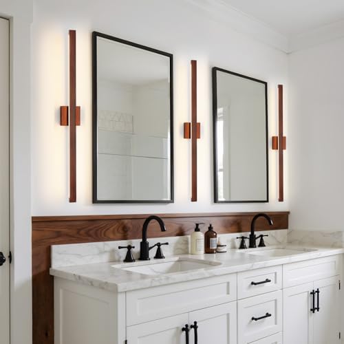 Modern Bathroom Light Fixtures Over Mirror, 39 Inch Brown Wood Finish Vanity Light Bar 30W Dimmable 5CCT LED Vanity Lights for Bathroom Wall Lighting Fixtures Over Mirror