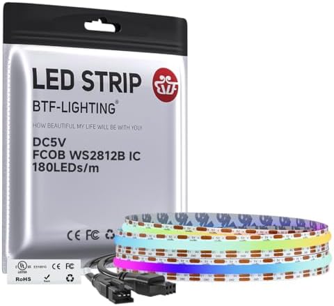BTF-LIGHTING FCOB COB WS2812B IC RGB LED Strip DC5V 3.2FT 180LED 10mm IP30