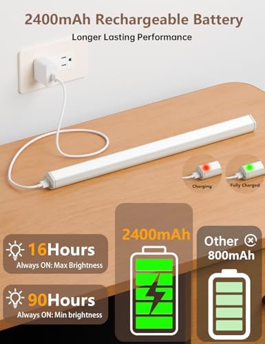 LED Under Cabinet Lighting Wireless, 2400mAh Rechargeable Cabinet Light, Battery Operated, Display Cabinet Lights, Stick on, 3-Color Shelf Lights, dimmable, with Remote Control(White, 2-Pack 12.2inch)