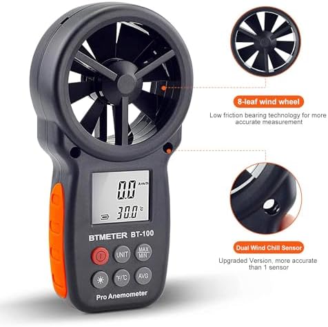 BTMETER BT-100 Handheld Anemometer, Digital Wind Speed CFM Meter Gauge Air Flow Velocity Tester for HVAC Shooting Drone, Wind Chill, 14℉-113℉ Wind Temperature