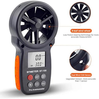BTMETER BT-100 Handheld Anemometer, Digital Wind Speed CFM Meter Gauge Air Flow Velocity Tester for HVAC Shooting Drone, Wind Chill, 14℉-113℉ Wind Temperature