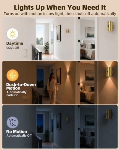 EZVALO Motion Sensor Wall Sconces, Rechargeable Battery Operated 4000mAh Wall Lights, 3 Color Temperatures & 12 RGB, Wireless LED Lighting with Remote for Hallway, Living Room (Brushed Gold, 4 Pack)