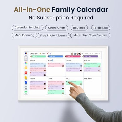 15.6-Inch Smart Digital Calendar & Photo Frame for Family, Wall Planner with Auto-Sync to Apple, Google & Outlook, Touchscreen Display with Chore Chart, To-Do Lists & Meal Planner, White Frame, No Subscription