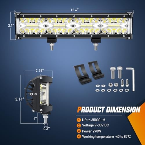 Nilight Side Shooter LED Light 1PC 12 Inch with Wiring Kit for Truck SUV