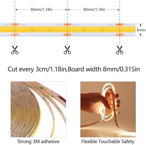 49.2ft/15M 24V COB LED Strip Light Warm White 3000K 5760LEDs 11000lm