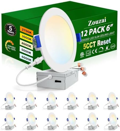 zouzai 12 Pack 6 Inch LED Recessed Ceiling Light, 5CCT, 12W=110W, Dimmable