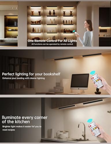 Under Cabinet Lighting Wireless, 2400mAh Rechargeable Cabinet Light, Battery Operated, Magnetic, Stick on, 106 LED 3-Color Shelf Lights, dimmable, with Remote Control(Black, 2-Pack, 12.2 inch