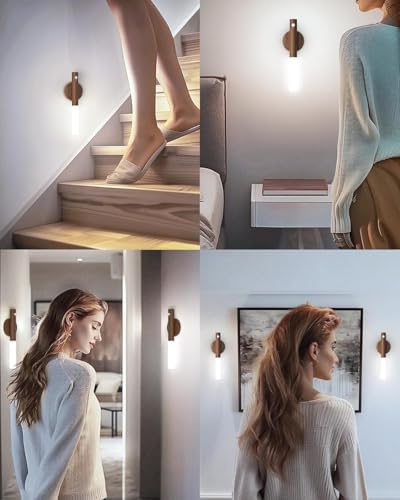 iThird Battery-Operated Wall Sconce Wall Lights: 2200mAh Rechargeable Motion Sensor Magnetic Wireless Stairway Lights Portable Hallway Light Wooden Wall Lighting for Bedroom Stair(White Light)