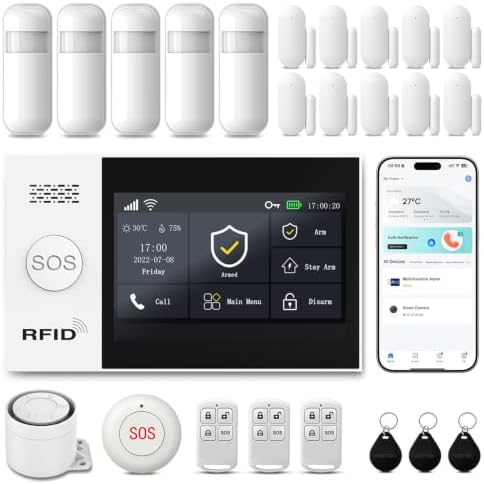 Alarm System for Home Security,24Pcs WiFi+4G Home Alarm System DIY Kit with 4.3in Touch Screen Hub,Instant App Alerts,Work with Alexa,SOS Button,Remote Control,NO Monthly Fees for Apartment