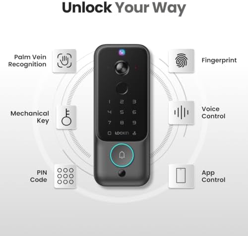 Lockin Veno Plus - All-in-One Smart Lock - Palm Vein & Fingerprint Keyless Entry - 2K 180° Ultra-Wide Camera, Night Vision, Built-in WiFi & 8GB Storage - No Monthly Fee - Dual Batteries