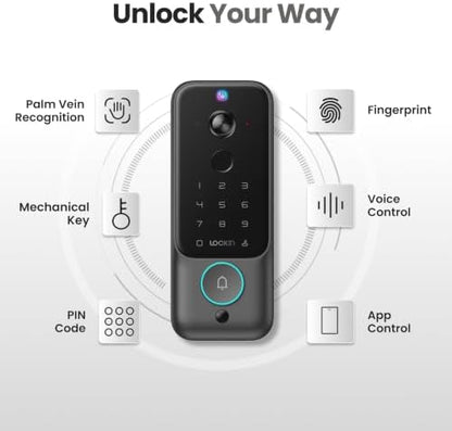 Lockin Veno Plus - All-in-One Smart Lock - Palm Vein & Fingerprint Keyless Entry - 2K 180° Ultra-Wide Camera, Night Vision, Built-in WiFi & 8GB Storage - No Monthly Fee - Dual Batteries