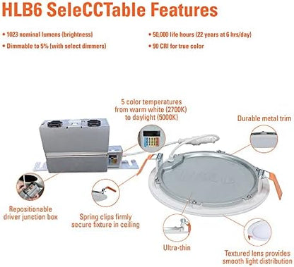 HALO HLB Recessed Lighting 6 Inch LED Thin Canless, Dimmable w/Selectable Color Temperatures - HLB6099FS1EMWR