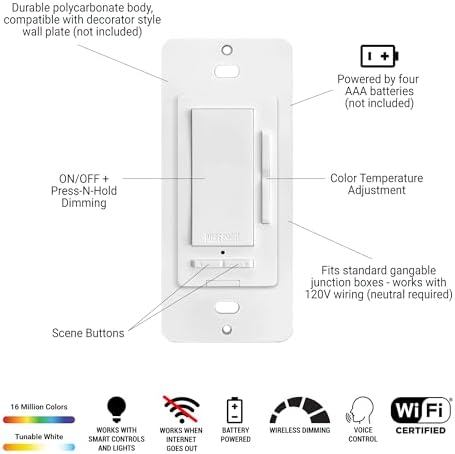 HALO Pure Smart Battery-Powered Multi-Functional Wireless Light Switch - Wi-Fi Room Controller with Dimming and Scene Presets for WiZ Connected Smart Lighting - CWR-TW-Scene-WH