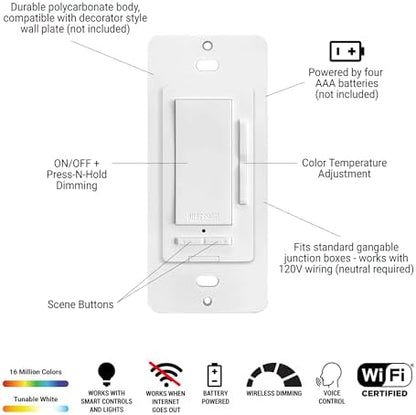 HALO Pure Smart Battery-Powered Multi-Functional Wireless Light Switch - Wi-Fi Room Controller with Dimming and Scene Presets for WiZ Connected Smart Lighting - CWR-TW-Scene-WH