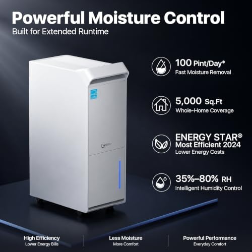 Dehumidifier for Basement, Home and Garage, Max 100 Pint/Day 5000 Sq.Ft