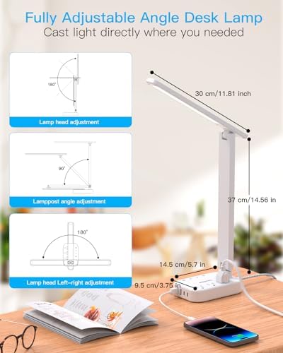 LED Desk Lamp, 10Ft Power Strip with 3 Outlets 4 USB Ports(2 USB C), White