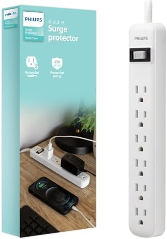 Philips Surge Protector Power Strip, 2 Ft Extension Cord