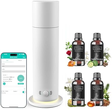 Waterless Essential Oil Diffuser, Scent Air Machine for Home with 4x30ml Hotel Scent Oil Sets, Covers Up to 1000 Sq.Ft, Adjustable Mist & Timer, Hotel and Commercial Use
