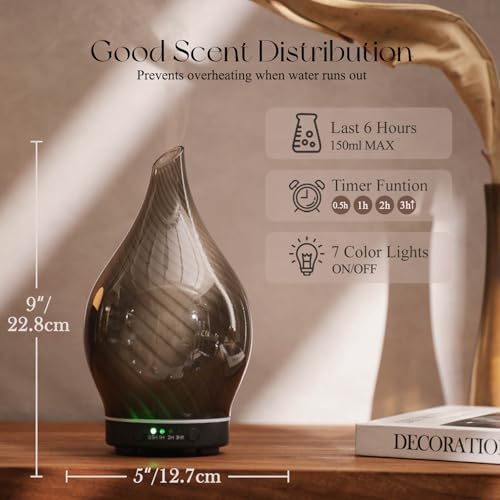 Porseme Essential Oil Diffuser 150ml Handmade Glass Diffuser 6H Runtime