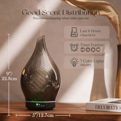 Porseme Essential Oil Diffuser 150ml Handmade Glass Diffuser 6H Runtime