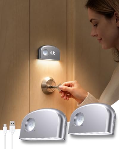 Keyhole Light,Battery Powered Motion Sensor Lights,Door Lock Light Magnetic & Dimmable, PIR Wireless Motion Detector 6500K Soft White,Portable Nightlight for Hallway,Appliance,Bathroom (2, Silver)