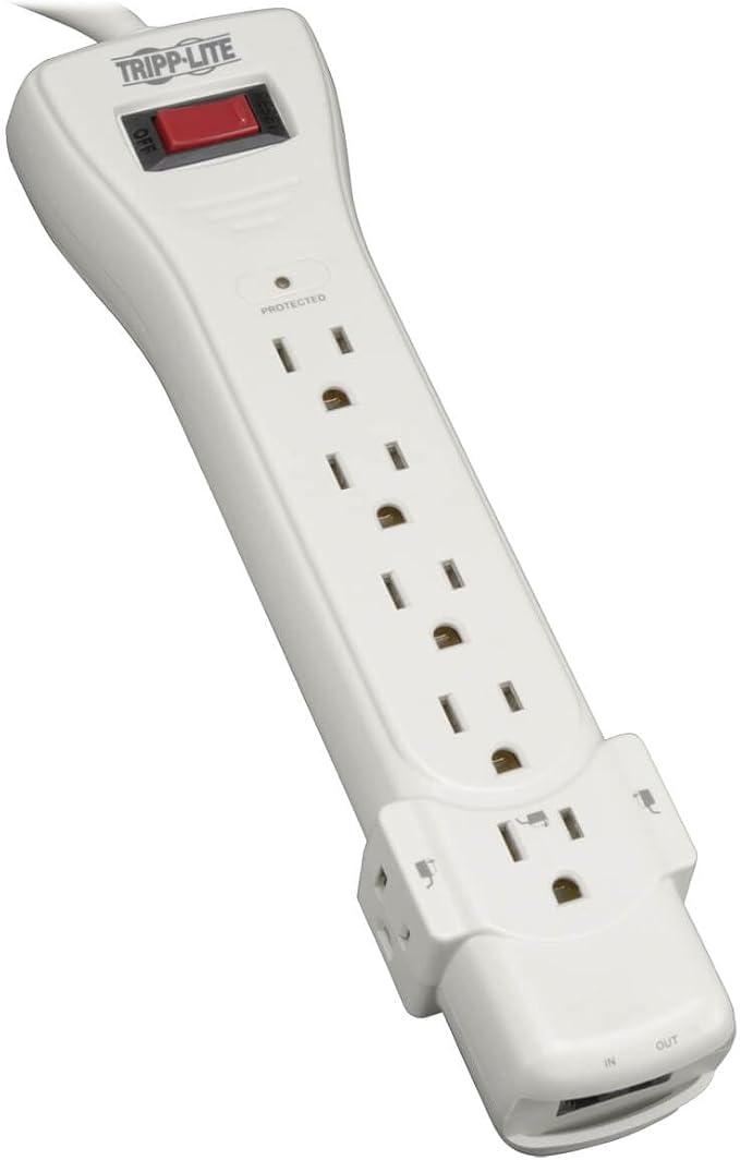 Tripp Lite 7 Outlet Surge Protector Power Strip, 12ft Long Cord, Right-Angle Plug, Fax/Modem Protection, RJ11, $50,000 Insurance (SUPER6TEL12)