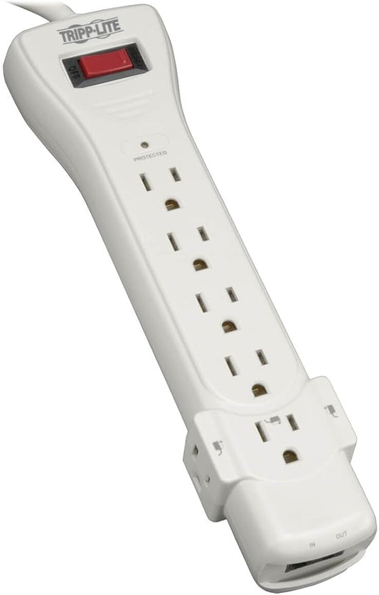 Tripp Lite 7 Outlet Surge Protector Power Strip, 12ft Long Cord, Right-Angle Plug, Fax/Modem Protection, RJ11, $50,000 Insurance (SUPER6TEL12)