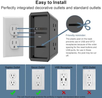 Wall Charger, Surge Protector, Teiobar 5 Outlets and 4 USB Ports(2USB-C)